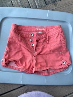 refuge Coral Pink High-Waist Button-Front Denim Shorts Size 0